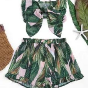 ZAFUL Bowknot FloralLeaf Print Top and Shorts Pair